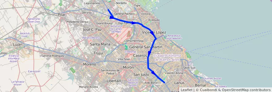 Mapa del recorrido Ford de la línea 21 en Argentina.