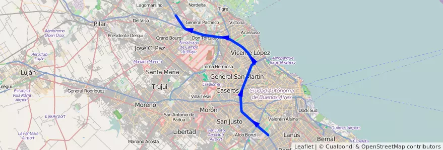 Mapa del recorrido Ford de la línea 21 en Argentina.