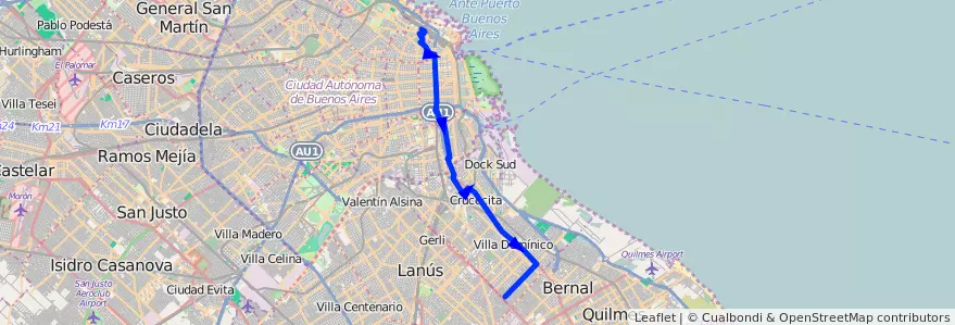 Mapa del recorrido Ftad.Derecho-Wilde de la línea 17 en Argentina.