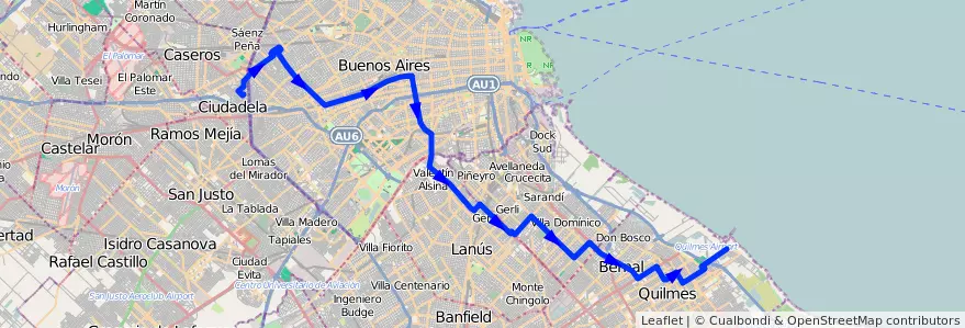 Mapa del recorrido G Ciudadela-Quilmes de la línea 85 en 阿根廷.