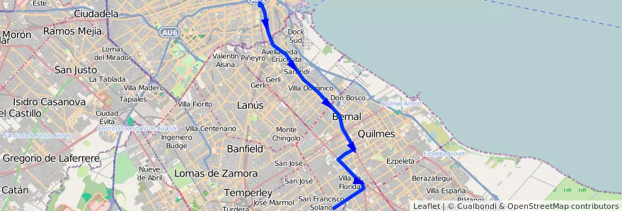 Mapa del recorrido G Constitucion-Solano de la línea 148 en Provincia di Buenos Aires.