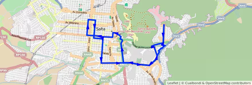 Mapa del recorrido G de la línea Corredor 2 en Salta.