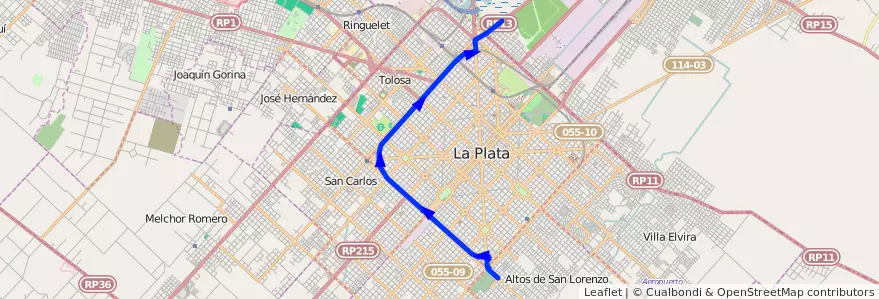 Mapa del recorrido G de la línea 307 en Partido de La Plata.
