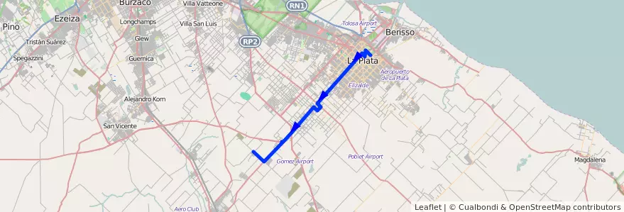 Mapa del recorrido Gomez de la línea 225 en Partido de La Plata.