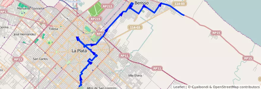 Mapa del recorrido H de la línea 202 en استان بوئنوس آیرس.