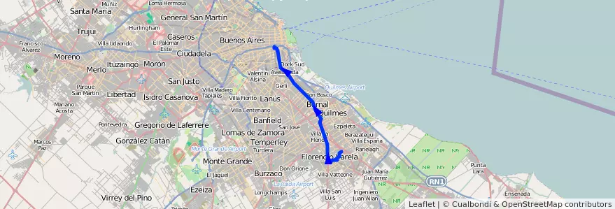 Mapa del recorrido H1 Constitucion-Varel de la línea 148 en Provincia di Buenos Aires.