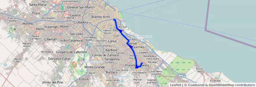 Mapa del recorrido H2 Constitucion-Varel de la línea 148 en Buenos Aires.