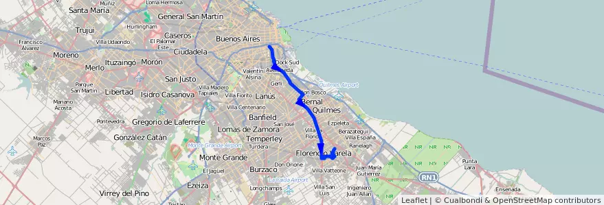 Mapa del recorrido H2 Constitucion-Varel de la línea 148 en Provincia di Buenos Aires.