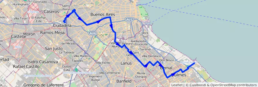 Mapa del recorrido I Ciudadela-Quilmes de la línea 85 en 阿根廷.