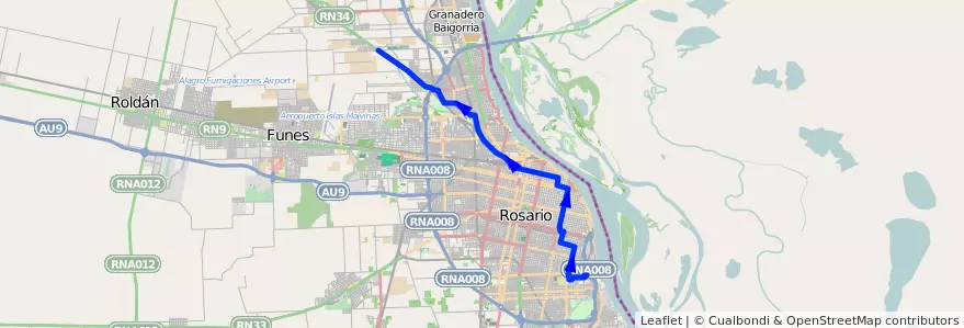 Mapa del recorrido  Ibarlucea de la línea 106 en Rosário.