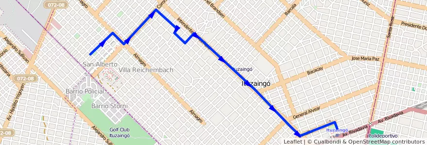 Mapa del recorrido Ituzaingo-San Alberto de la línea 441 en Ituzaingó.