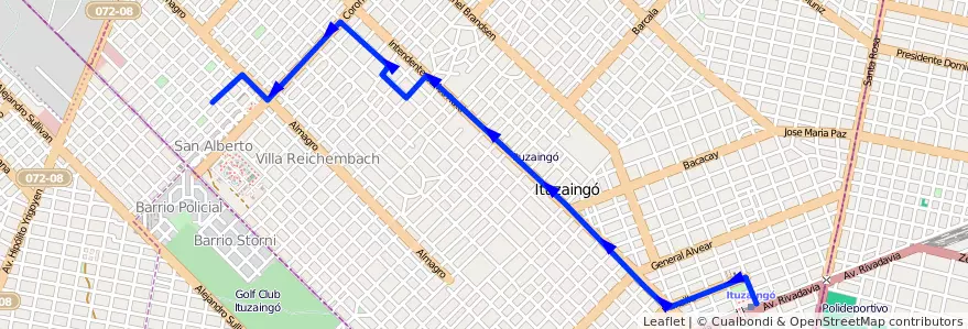 Mapa del recorrido Ituzaingo-San Alberto de la línea 441 en Ituzaingó.