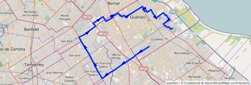 Mapa del recorrido L Ezpeleta-Pasco de la línea 257 en Partido de Quilmes.