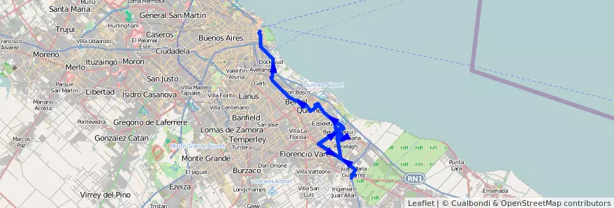 Mapa del recorrido L1 Correo-Berazategui de la línea 159 en Буэнос-Айрес.