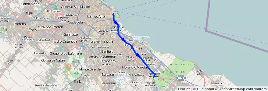 Mapa del recorrido L2 Correo-Berazategui de la línea 159 en Buenos Aires.