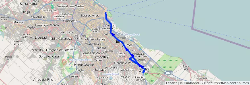 Mapa del recorrido L2 Correo-Berazategui de la línea 159 en Buenos Aires.