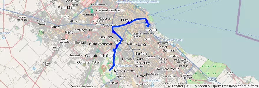 Mapa del recorrido La Boca-Aeropuerto de la línea 86 en Arjantin.