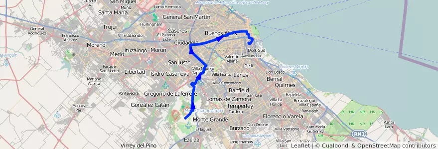Mapa del recorrido La Boca-Aeropuerto de la línea 86 en Arjantin.
