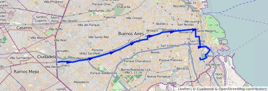 Mapa del recorrido La Boca-Liniers de la línea 86 en Буэнос-Айрес.