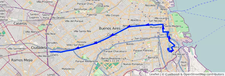 Mapa del recorrido La Boca-Liniers de la línea 86 en Ciudad Autónoma de Buenos Aires.