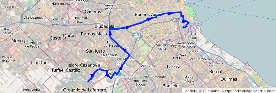Mapa del recorrido La Boca-Villegas de la línea 86 en Argentina.