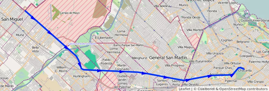 Mapa del recorrido Lacroze-Lemos de la línea Ferrocarril General Urquiza en Argentina.