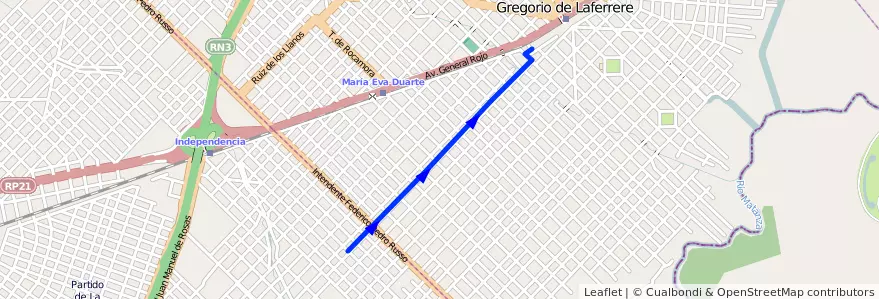 Mapa del recorrido Laferrere-Independenc de la línea 378 en Gregorio de Laferrere.
