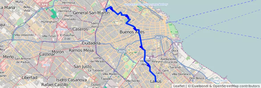Mapa del recorrido Lanus-B.Saavedra de la línea 112 en Argentina.