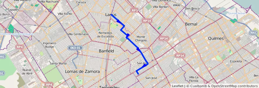 Mapa del recorrido Lanus-Temperley de la línea 299 en 부에노스아이레스주.