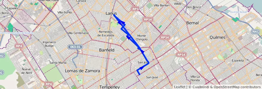 Mapa del recorrido Lanus-Temperley de la línea 299 en Buenos Aires.