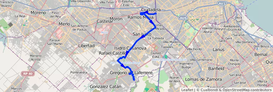 Mapa del recorrido Liniers-B.Don Juan de la línea 325 en Partido de La Matanza.