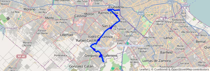 Mapa del recorrido Liniers-B.Don Juan de la línea 325 en Partido de La Matanza.