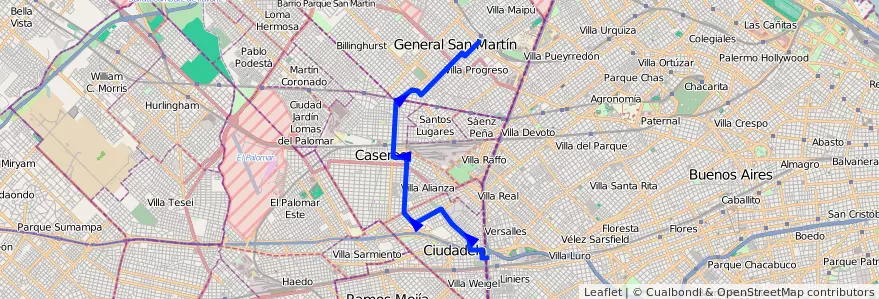 Mapa del recorrido Liniers-Est.San Marti de la línea 289 en Buenos Aires.