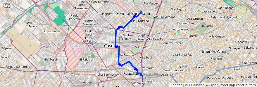 Mapa del recorrido Liniers-Est.San Marti de la línea 289 en Buenos Aires.