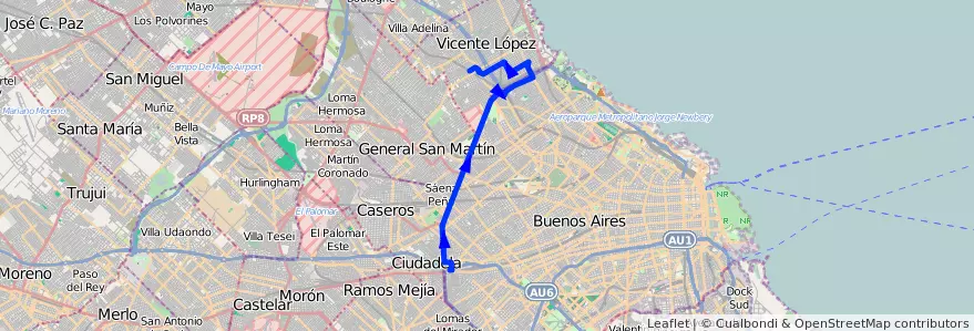 Mapa del recorrido Florida de la línea 21 en Arjantin.