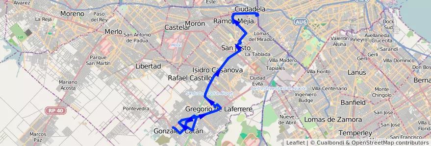 Mapa del recorrido Liniers-G.Catan de la línea 378 en Partido de La Matanza.