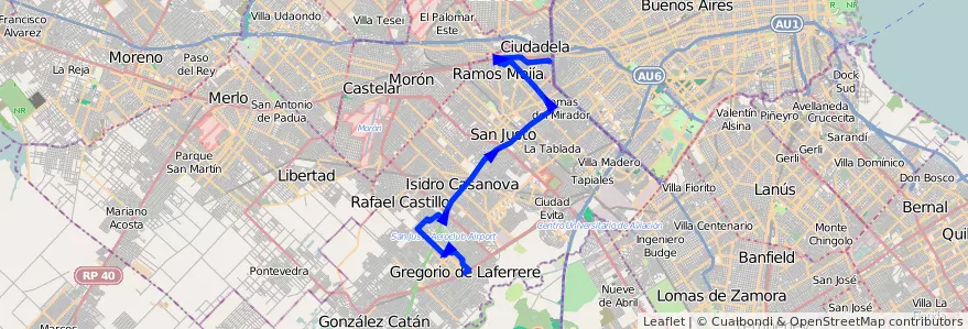 Mapa del recorrido Liniers-Laferrere de la línea 325 en Partido de La Matanza.
