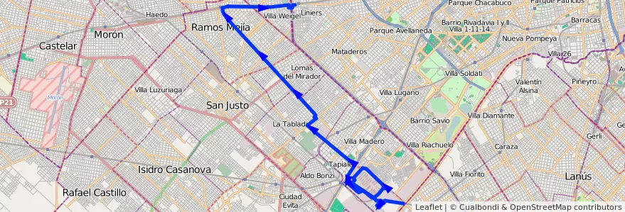 Mapa del recorrido Liniers-Mcdo.Central de la línea 162 en Partido de La Matanza.