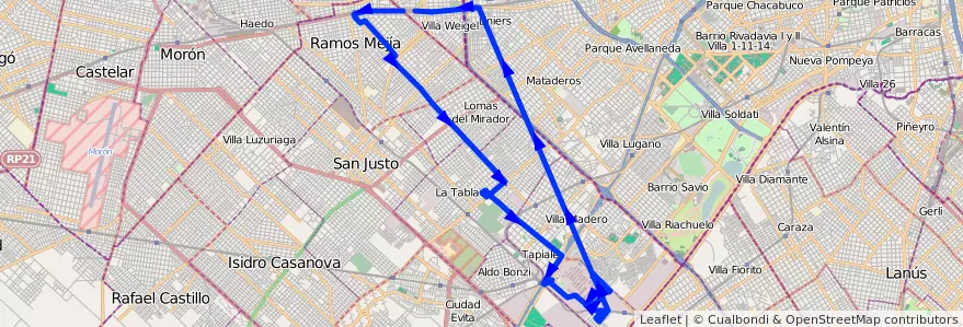 Mapa del recorrido Liniers-Mcdo.Central de la línea 162 en Partido de La Matanza.