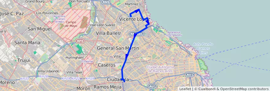 Mapa del recorrido Liniers-Olivos de la línea 21 en Buenos Aires.