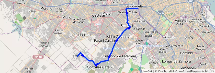 Mapa del recorrido Liniers-Pontevedra de la línea 205 en 布宜诺斯艾利斯省.