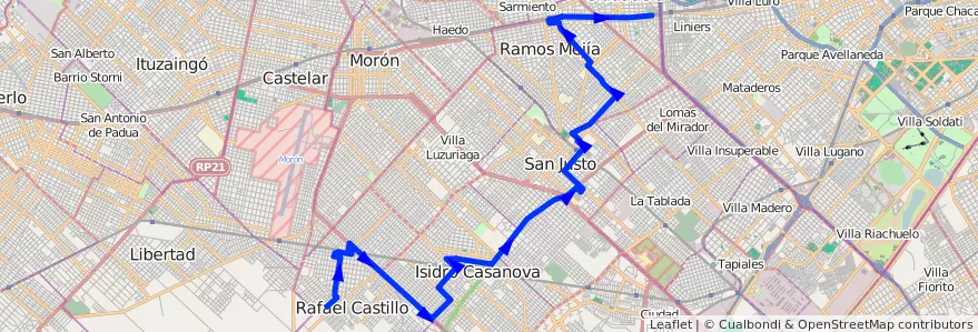 Mapa del recorrido Liniers-R.Castillo de la línea 378 en Partido de La Matanza.