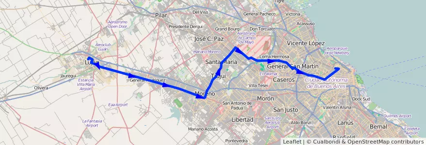 Mapa del recorrido Luján x Ruta 7 de la línea 57 en Provincia di Buenos Aires.