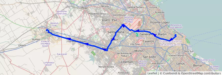 Mapa del recorrido Luján x Ruta 7 de la línea 57 en Buenos Aires.