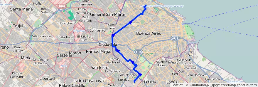 Mapa del recorrido M x Murguiondo de la línea 80 en Буэнос-Айрес.