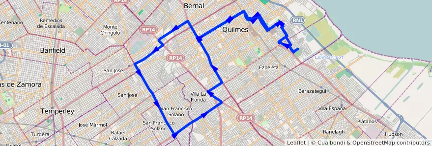 Mapa del recorrido M Ezpeleta-Pasco de la línea 257 en Partido de Quilmes.