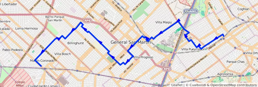 Mapa del recorrido M.Coronado-V.Urquiza de la línea 175 en Argentina.