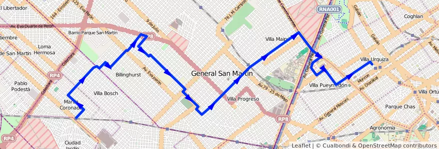 Mapa del recorrido M.Coronado-V.Urquiza de la línea 175 en Provinz Buenos Aires.