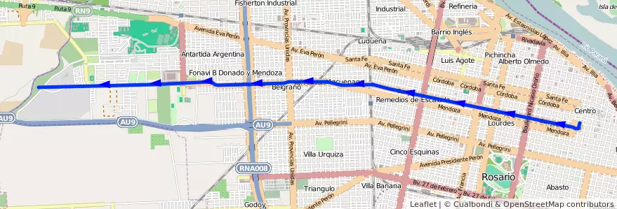 Mapa del recorrido  Mendoza de la línea Monticas en Rosario.