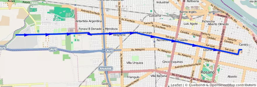 Mapa del recorrido  Mendoza de la línea Las Rosas en Росарио.